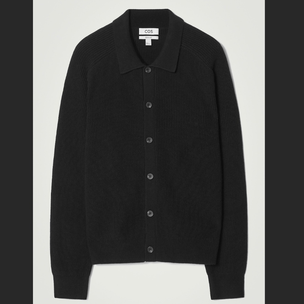 COS Black Collared Ribbed Wool-Cashmere Cardigan w/ Buttons - Size Large